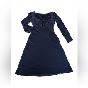 Express Silk Black Dress XS Square Neck Sheer Bishop Sleeves Y2K, Whimsigoth